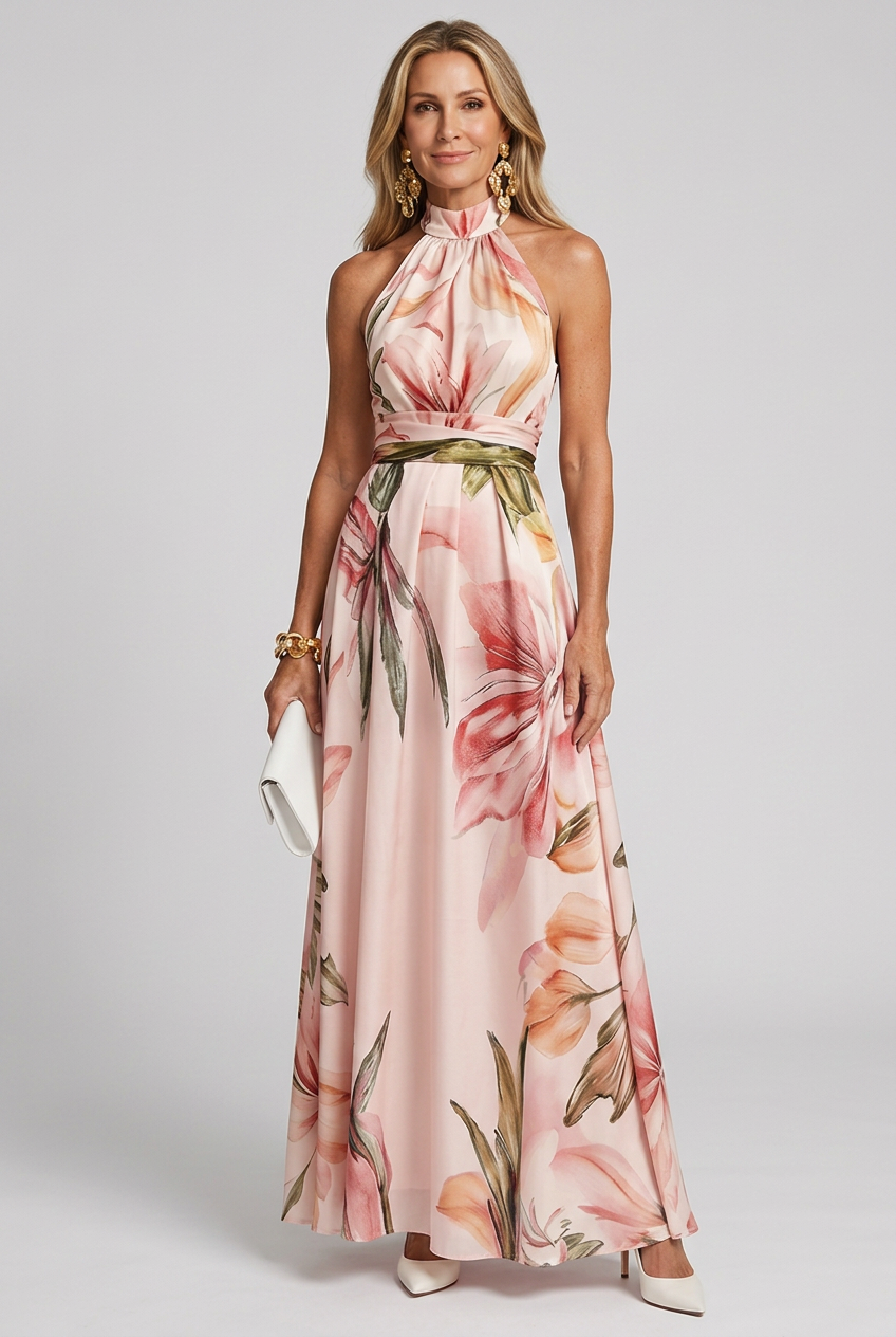 Elara | Floral Halter Flowing Maxi Dress