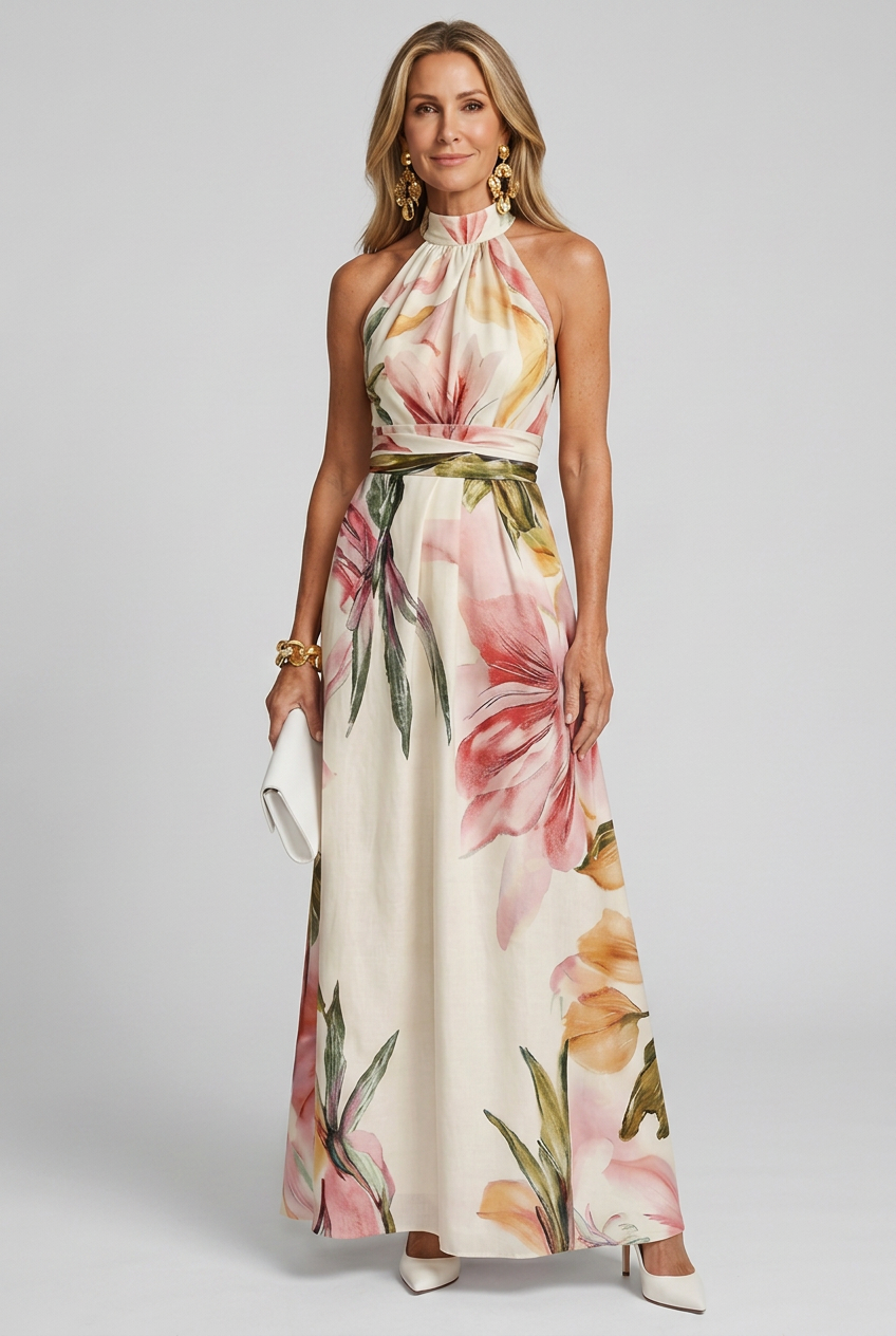Elara | Floral Halter Flowing Maxi Dress