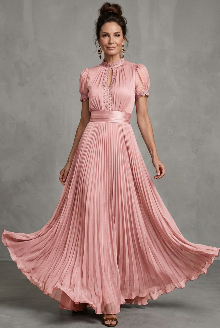 Elara | Lace-Trim Pleated Maxi Dress