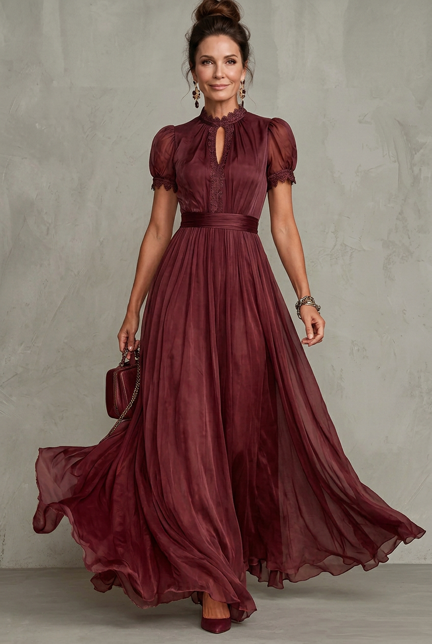 Elara | Lace-Trim Pleated Maxi Dress