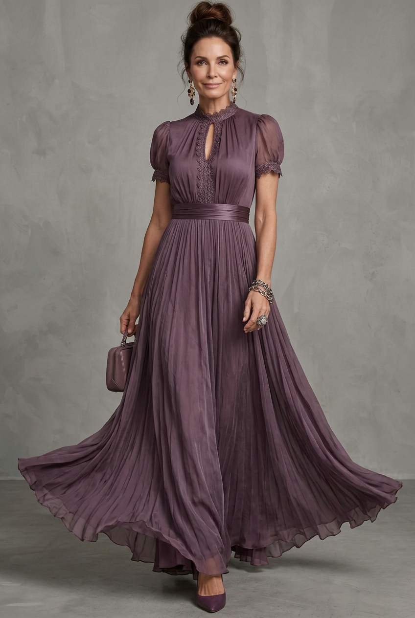 Elara | Lace-Trim Pleated Maxi Dress