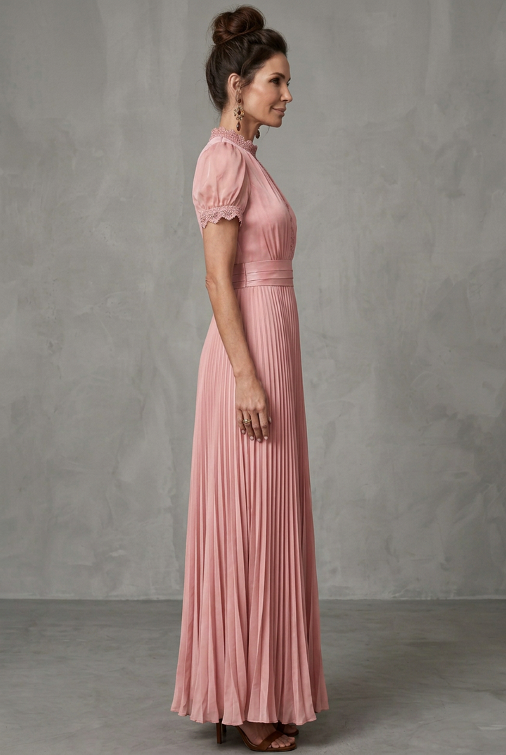 Elara | Lace-Trim Pleated Maxi Dress