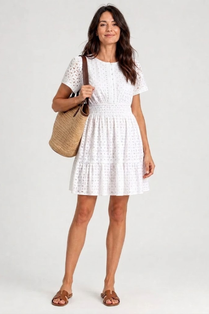 Elarka | Short Flutter Sleeve Eyelet Detail Mini Dress