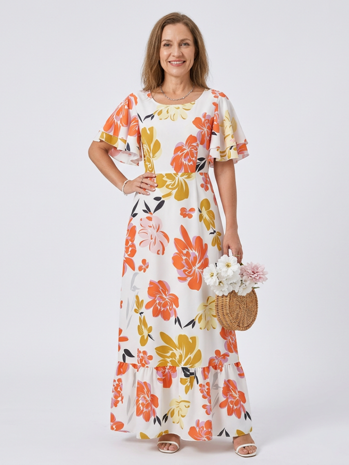 Elowen | Round Neck Short Sleeve Tiered Maxi Dress