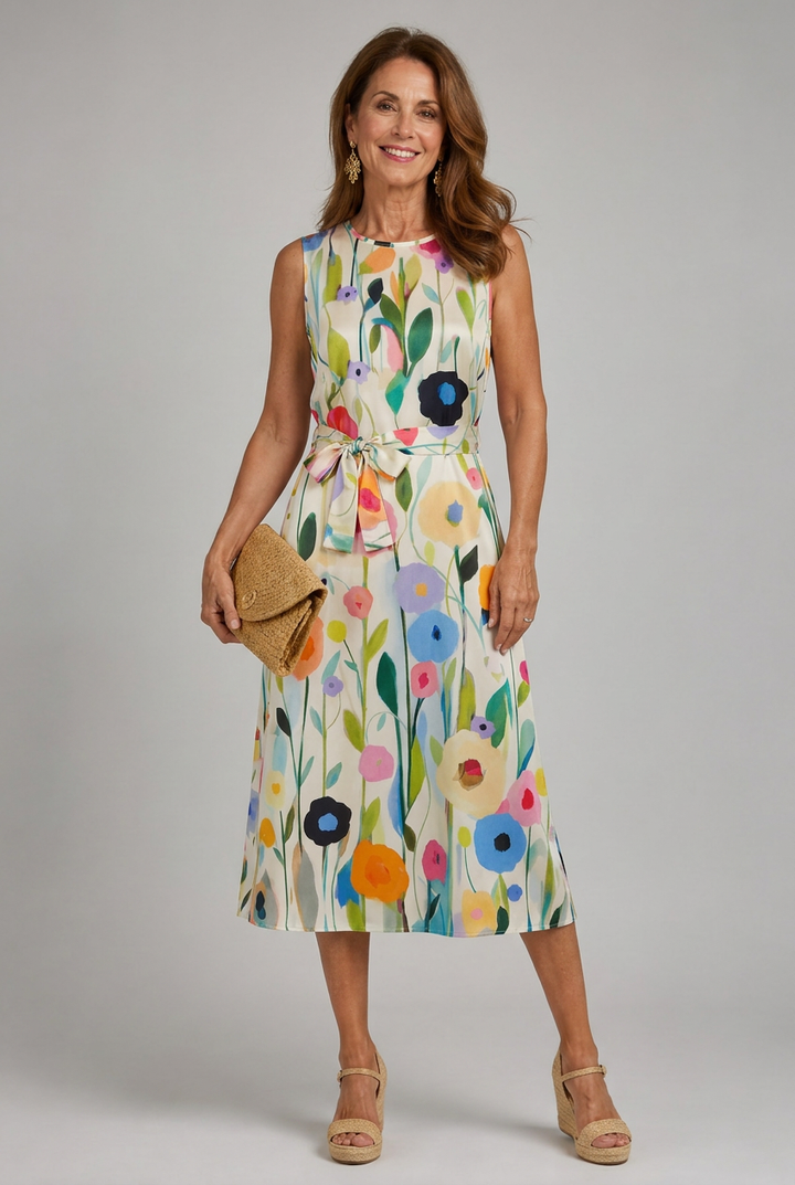 Flory | Floral Print Sleeveless Round Neck Midi Dress