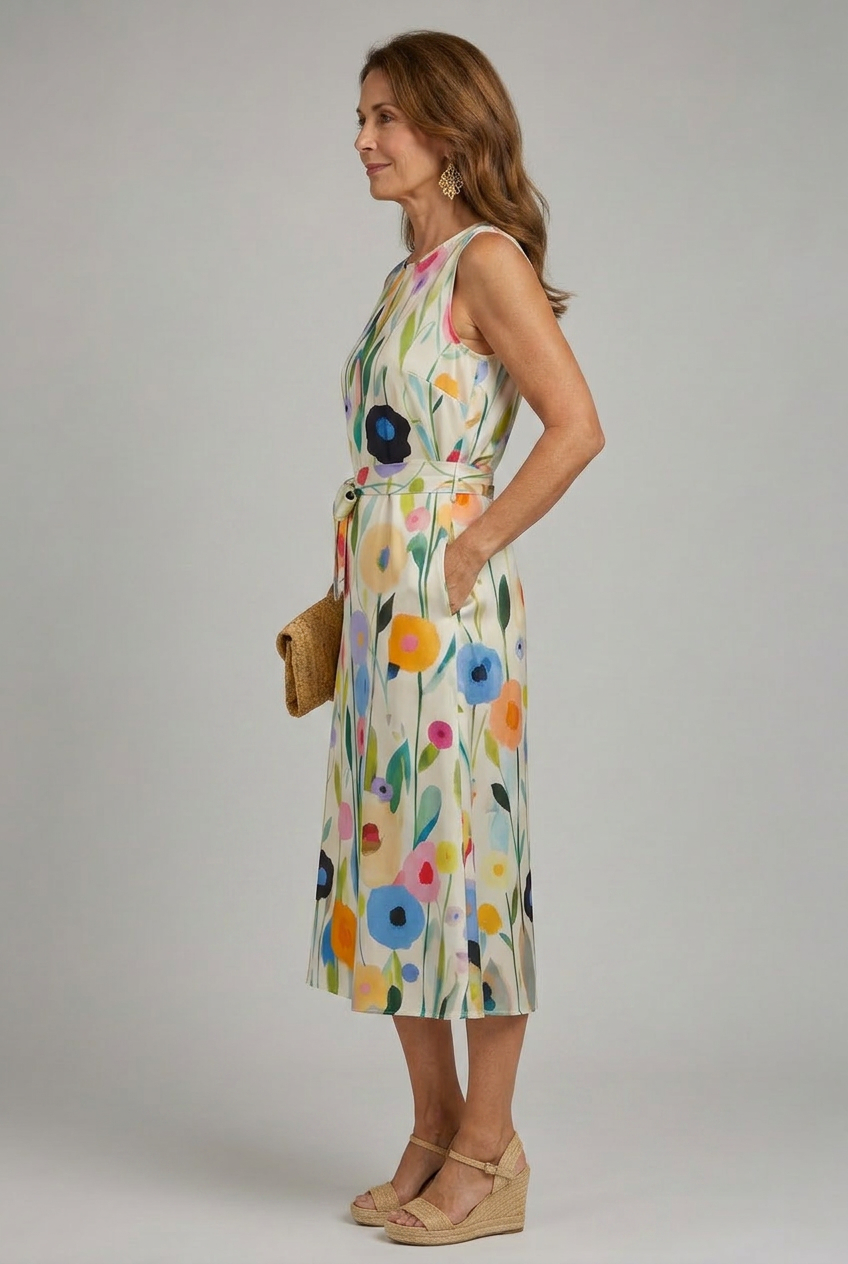 Flory | Floral Print Sleeveless Round Neck Midi Dress