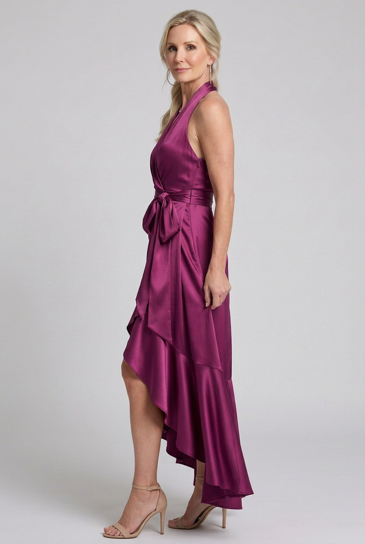 Honora | Halter Neck Wrap Asymmetric Hem Midi Dress