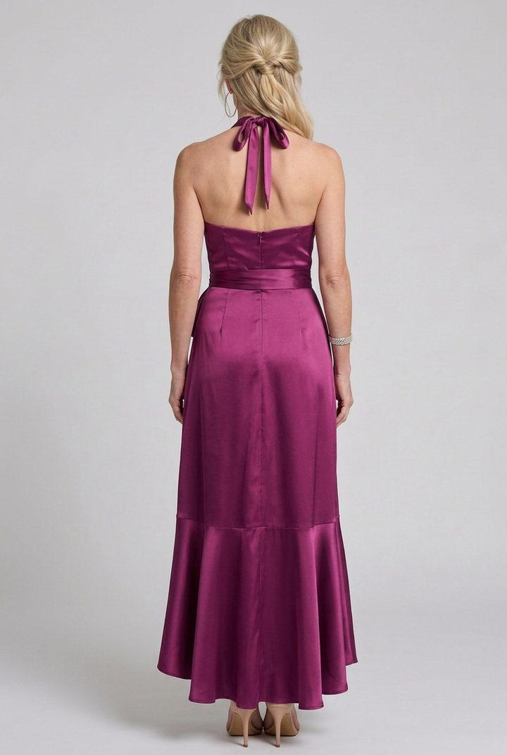 Honora | Halter Neck Wrap Asymmetric Hem Midi Dress