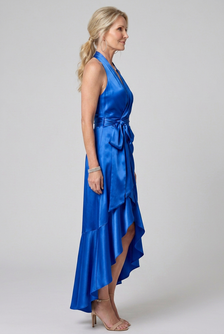 Honora | Halter Neck Wrap Asymmetric Hem Midi Dress