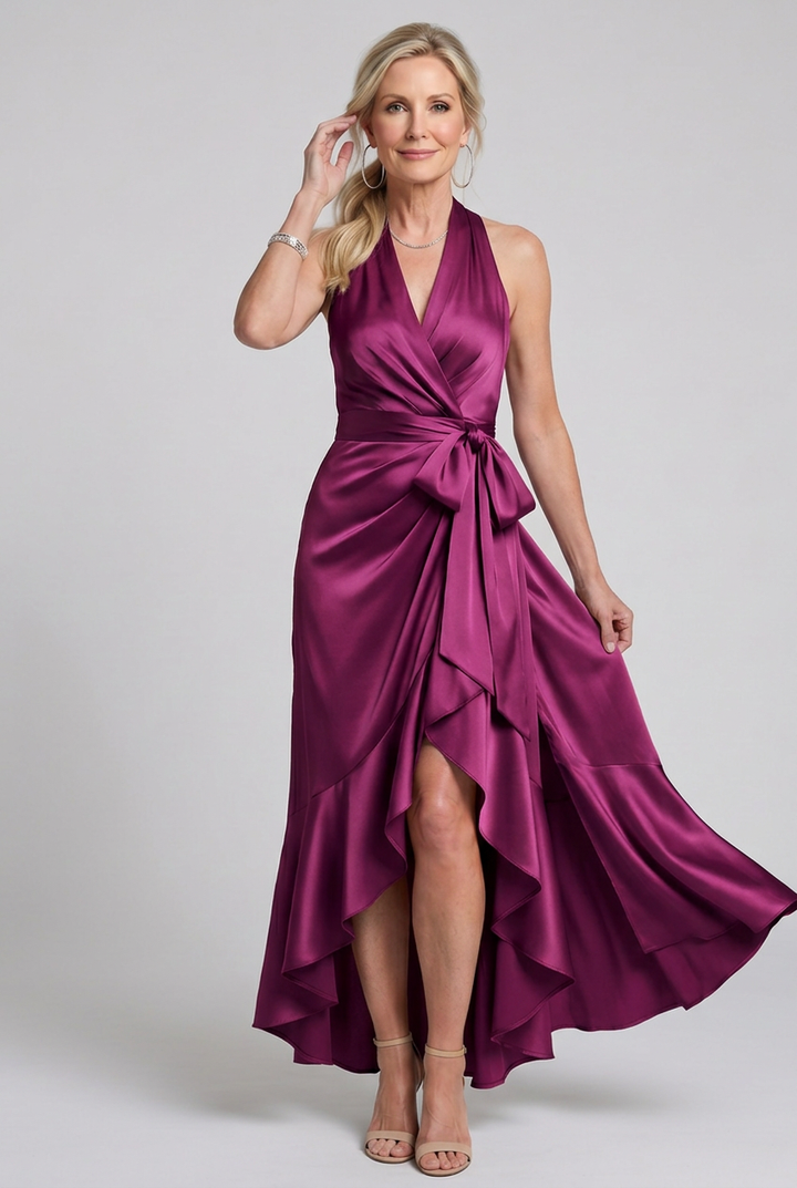 Honora | Halter Neck Wrap Asymmetric Hem Midi Dress