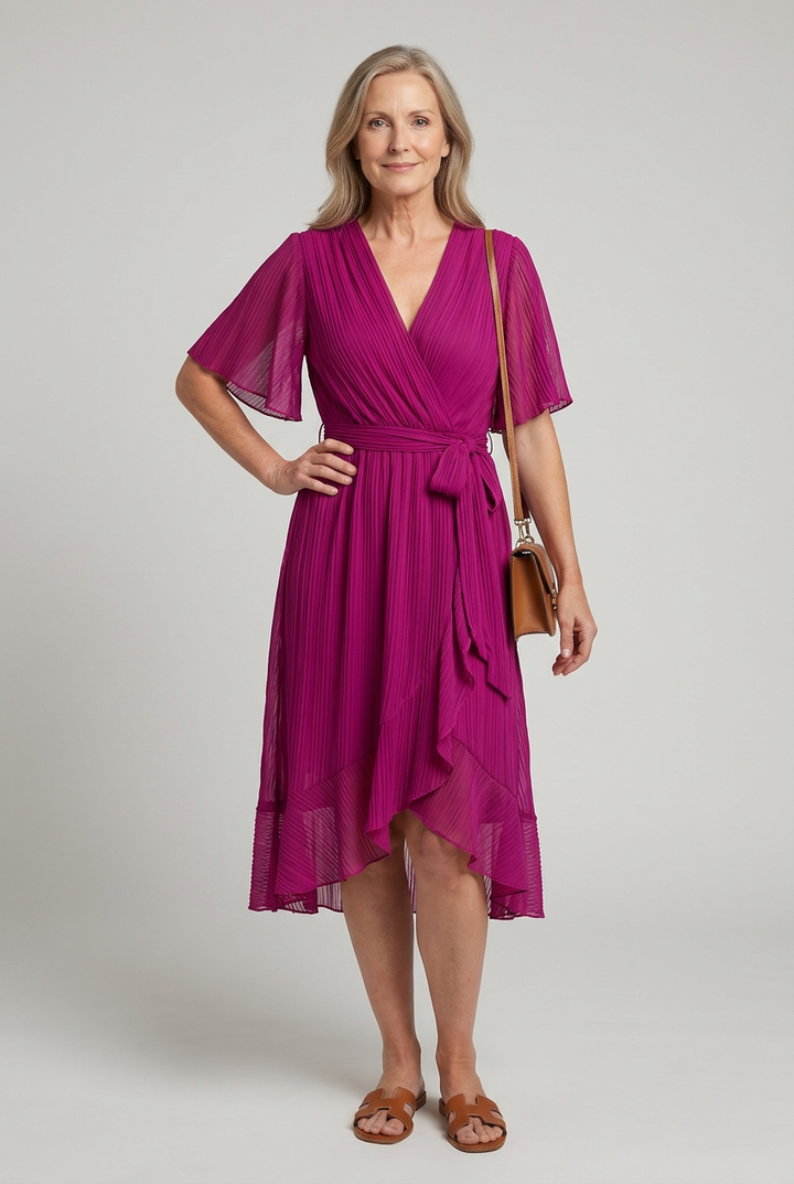 Keziah | Short Sleeve Wrap Soft Flowing Hem Midi Dress