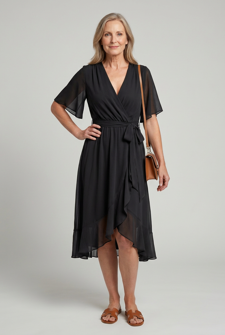 Keziah | Short Sleeve Wrap Soft Flowing Hem Midi Dress