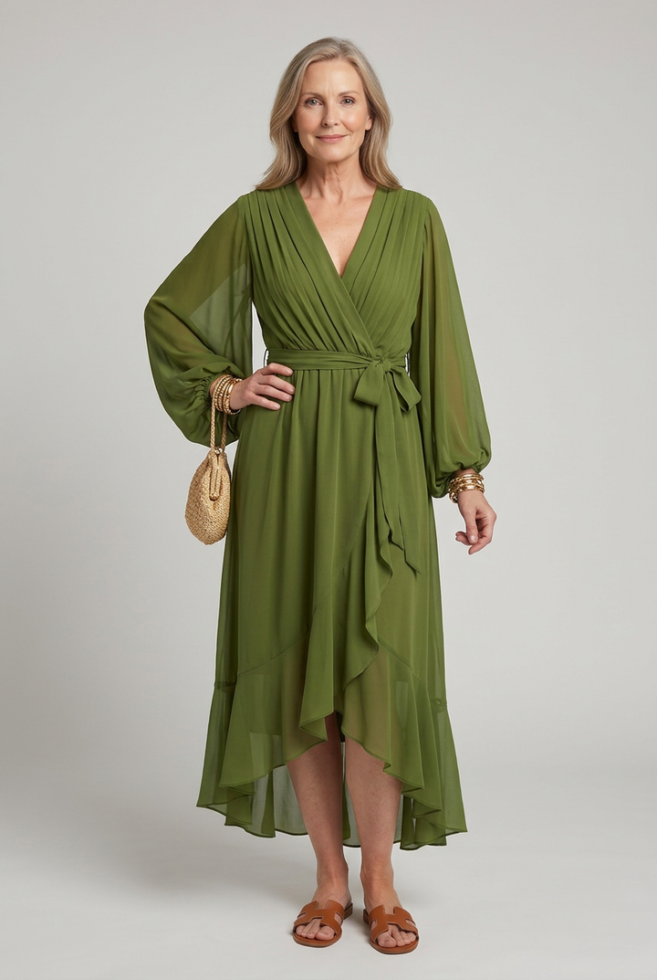 Keziah | Short Sleeve Wrap Soft Flowing Hem Midi Dress