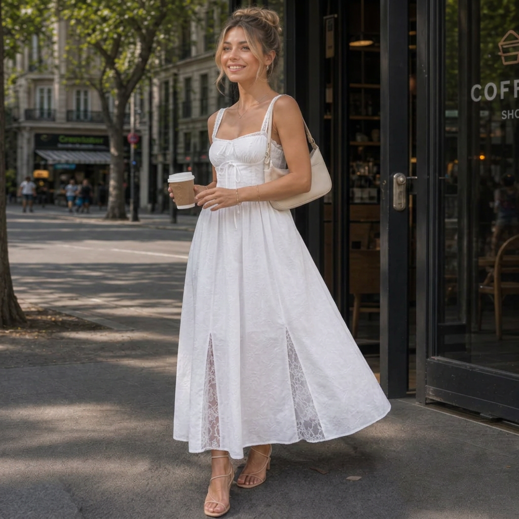 Leach | White Square-Neck Maxi Dress with Tie Front and Lace Panels