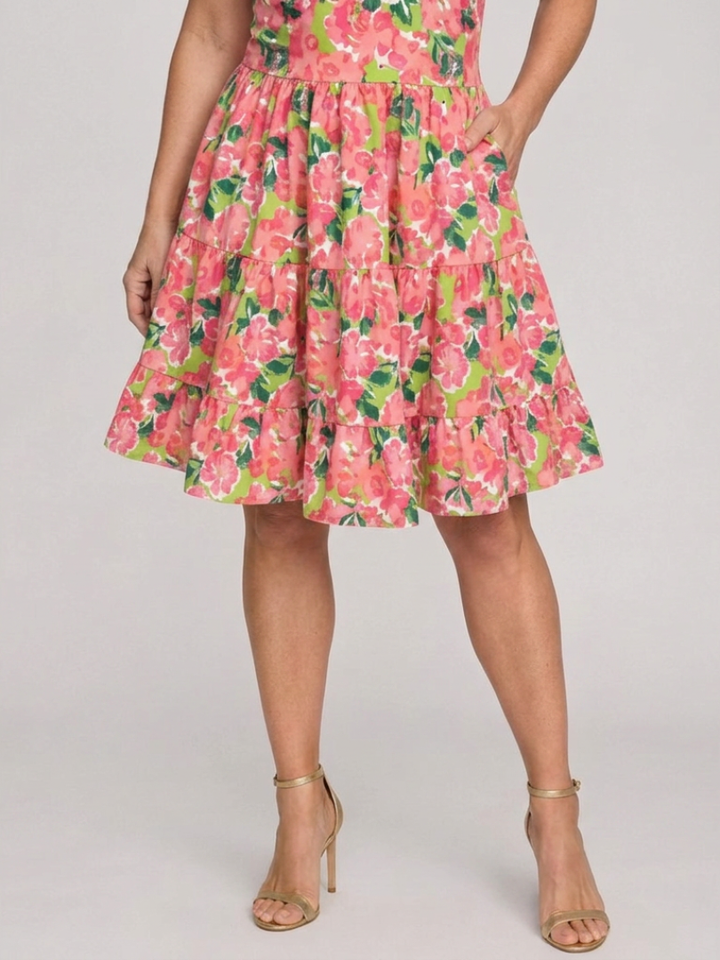 Leneva | Floral Print Tie-Strap Ruched Tiered Knee-Length Dress