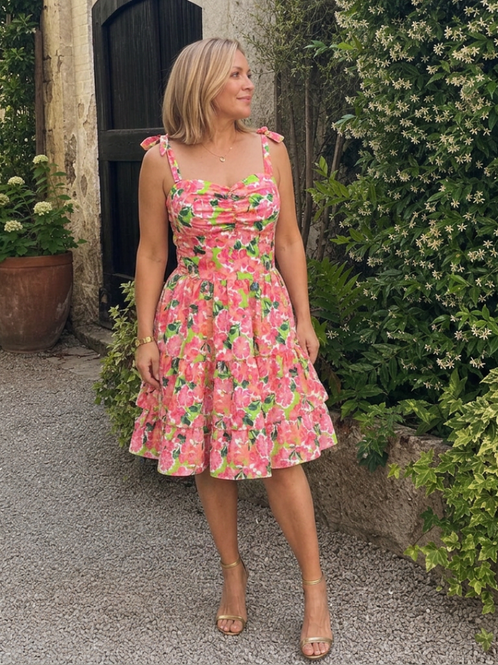 Leneva | Floral Print Tie-Strap Ruched Tiered Knee-Length Dress