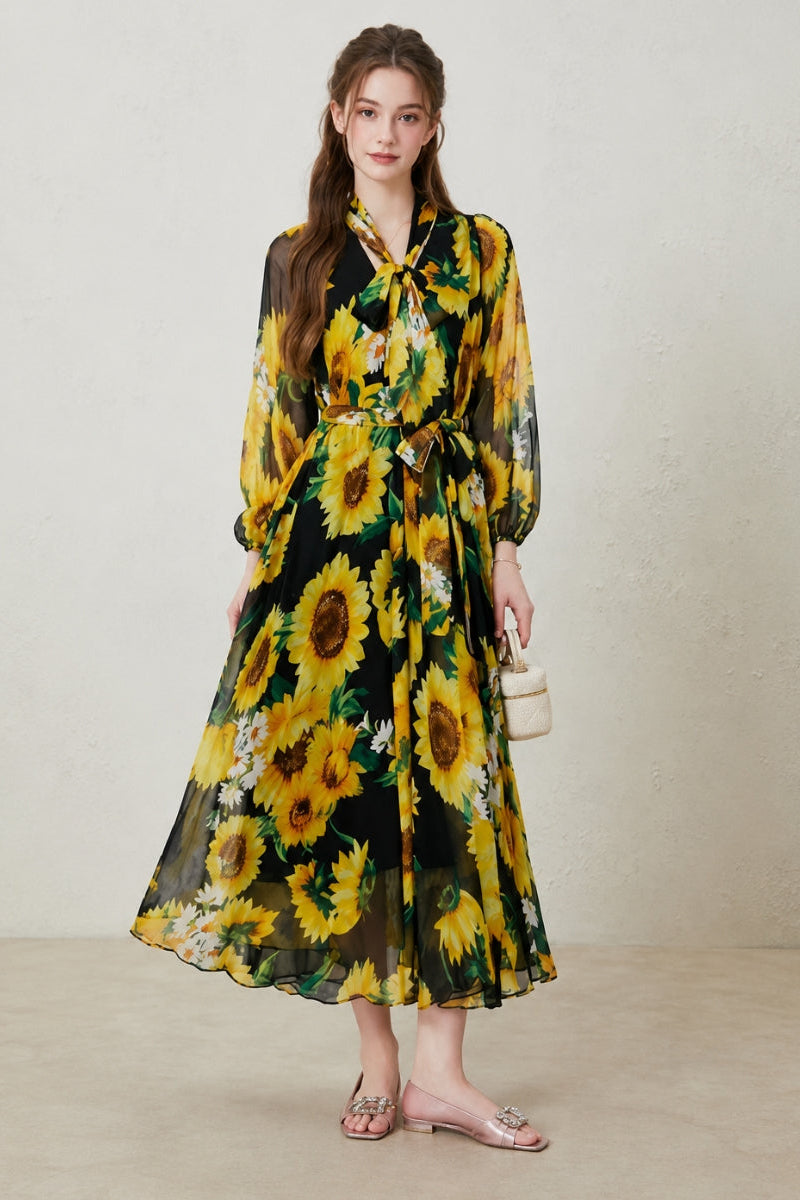 Lillian | Floral Print Long Sleeve Belted Maxi Dress