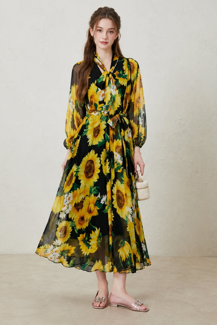 Lillian | Floral Print Long Sleeve Belted Maxi Dress