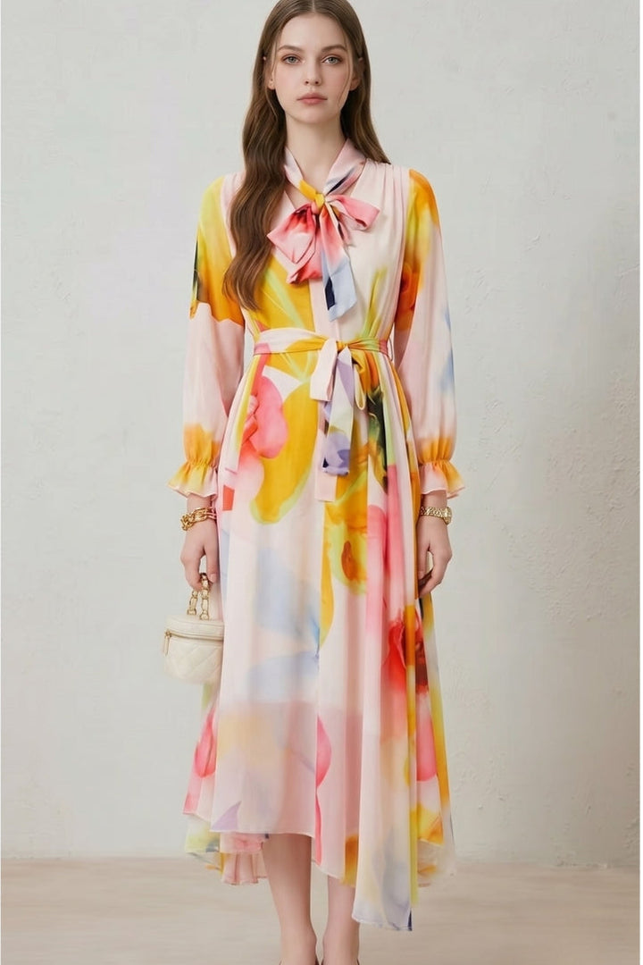 Lillian | Floral Print Long Sleeve Belted Maxi Dress