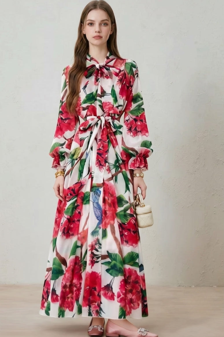 Lillian | Floral Print Long Sleeve Belted Maxi Dress