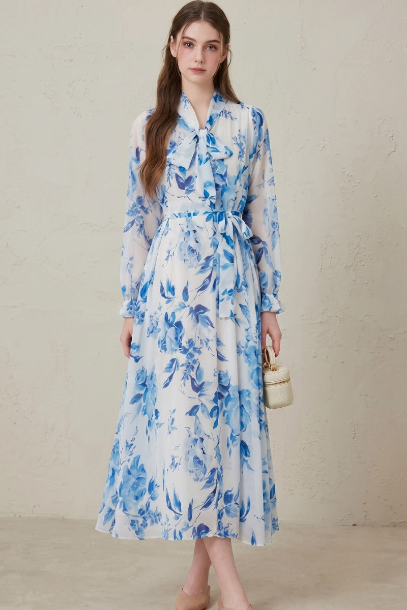Lillian | Floral Print Long Sleeve Belted Maxi Dress