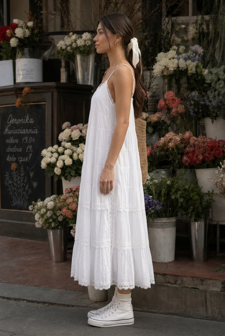 Lorelei | Spaghetti Strap Tiered Lace Layers Midi Dress
