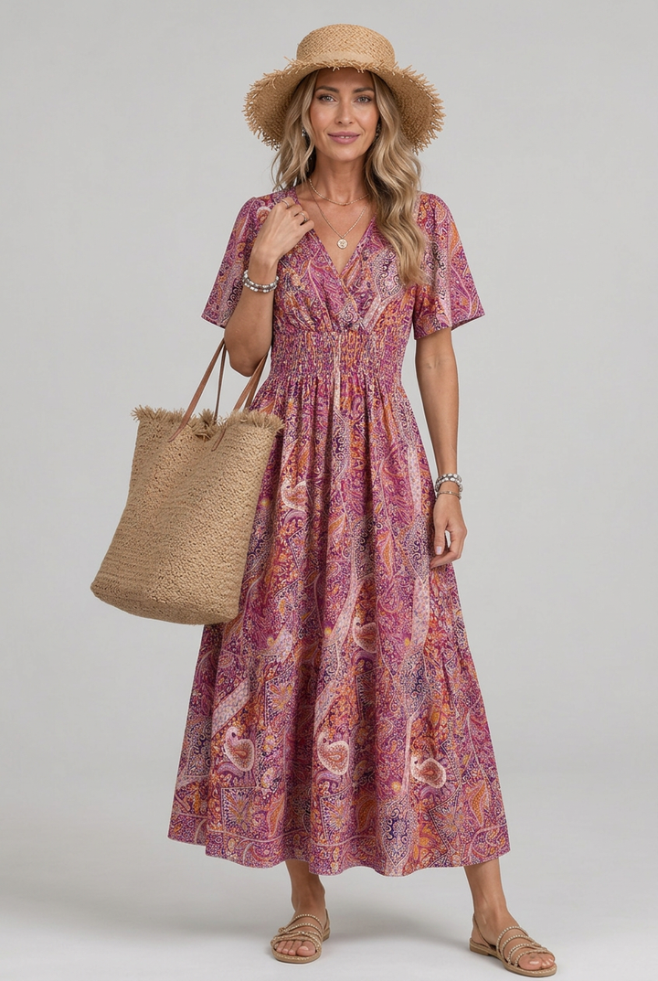 Marisela | Women’s Bohemian Paisley Print V-Neck Smocked Waist Maxi Dress