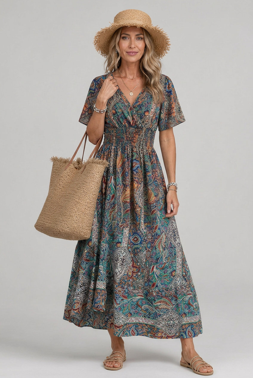 Marisela | Women’s Bohemian Paisley Print V-Neck Smocked Waist Maxi Dress