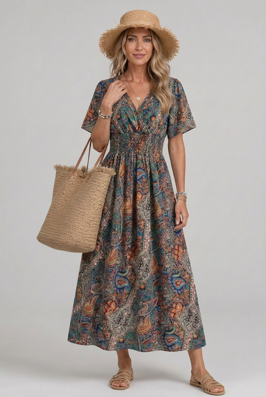 Marisela | Women’s Bohemian Paisley Print V-Neck Smocked Waist Maxi Dress