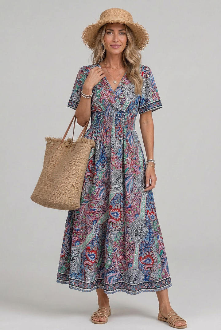 Marisela | Women’s Bohemian Paisley Print V-Neck Smocked Waist Maxi Dress