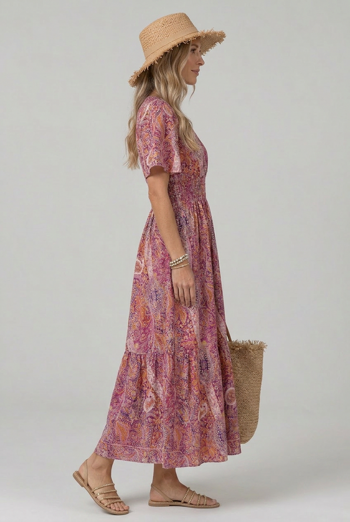 Marisela | Women’s Bohemian Paisley Print V-Neck Smocked Waist Maxi Dress