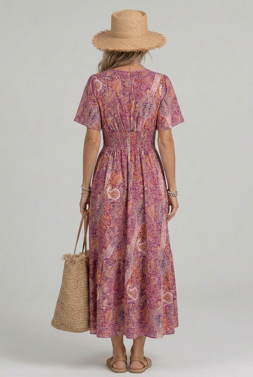 Marisela | Women’s Bohemian Paisley Print V-Neck Smocked Waist Maxi Dress