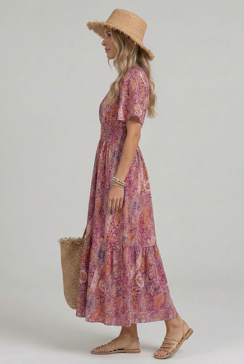 Marisela | Women’s Bohemian Paisley Print V-Neck Smocked Waist Maxi Dress