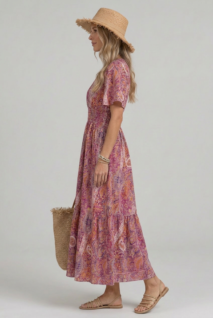 Marisela | Women’s Bohemian Paisley Print V-Neck Smocked Waist Maxi Dress