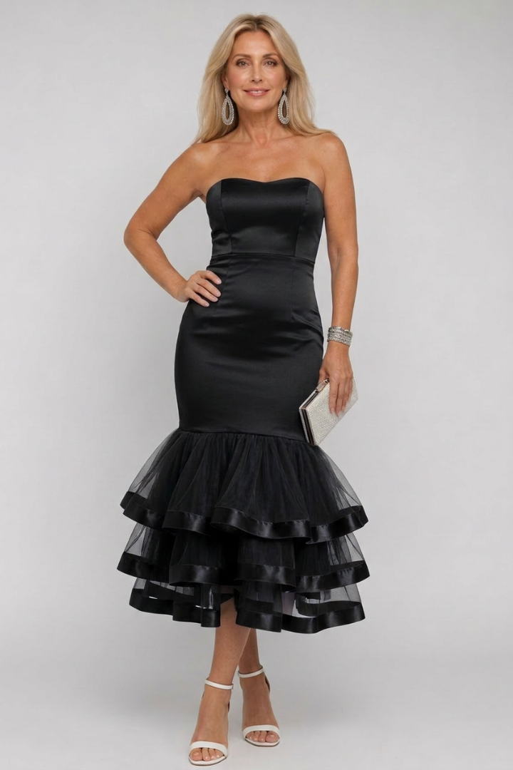 Muget | Women’s Strapless Ruffle Hem Midi Dress
