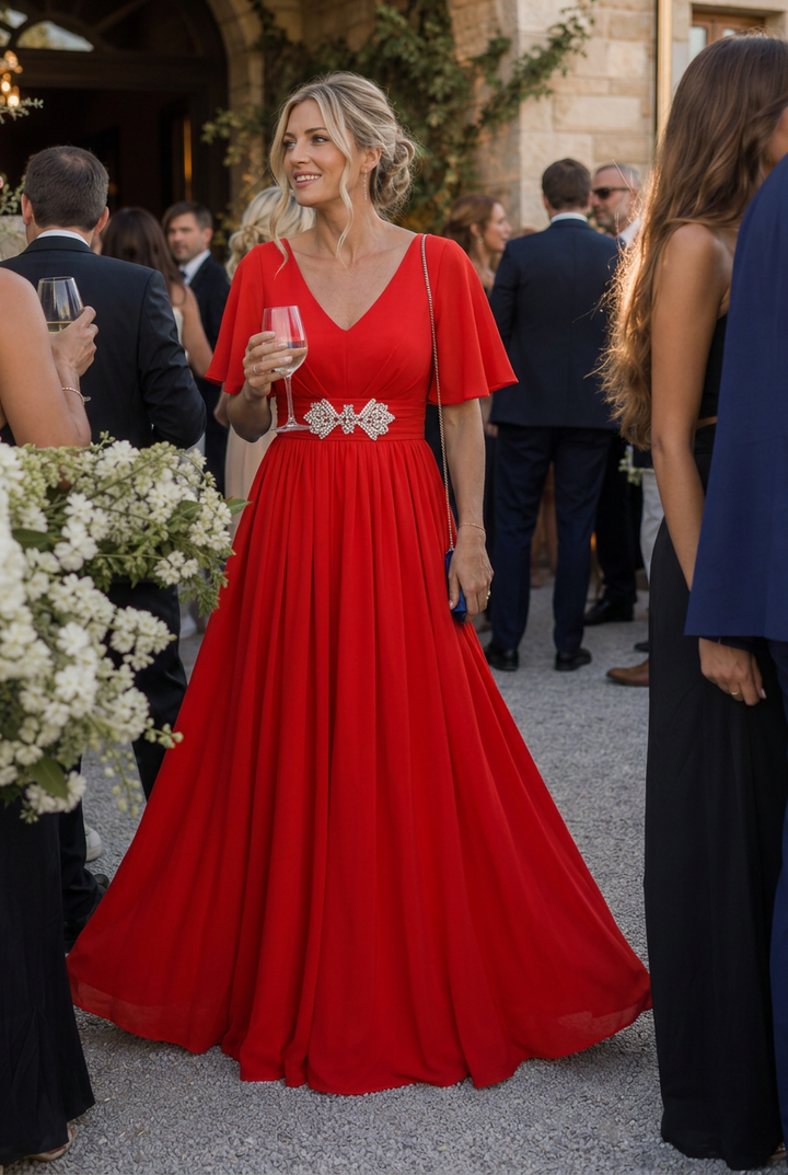 Orelia | Short Sleeve V Neck Embellished Flowing Maxi Dress