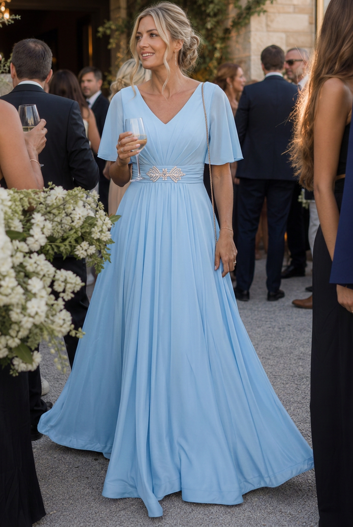 Orelia | Short Sleeve V Neck Embellished Flowing Maxi Dress