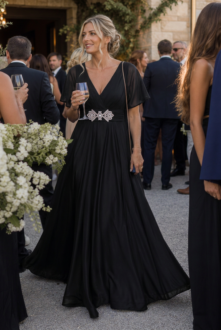 Orelia | Short Sleeve V Neck Embellished Flowing Maxi Dress