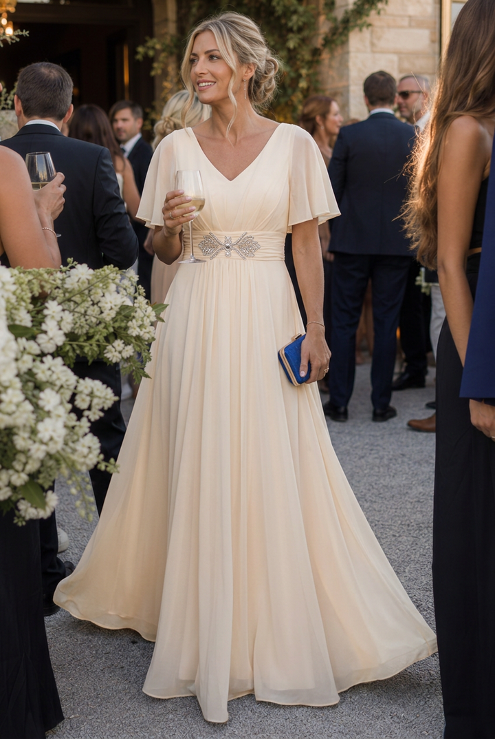 Orelia | Short Sleeve V Neck Embellished Flowing Maxi Dress