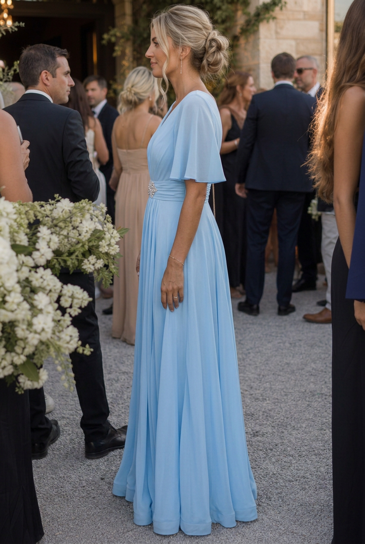 Orelia | Short Sleeve V Neck Embellished Flowing Maxi Dress