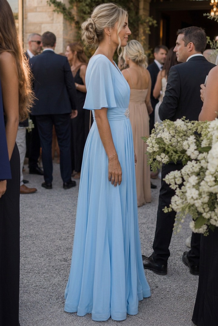 Orelia | Short Sleeve V Neck Embellished Flowing Maxi Dress