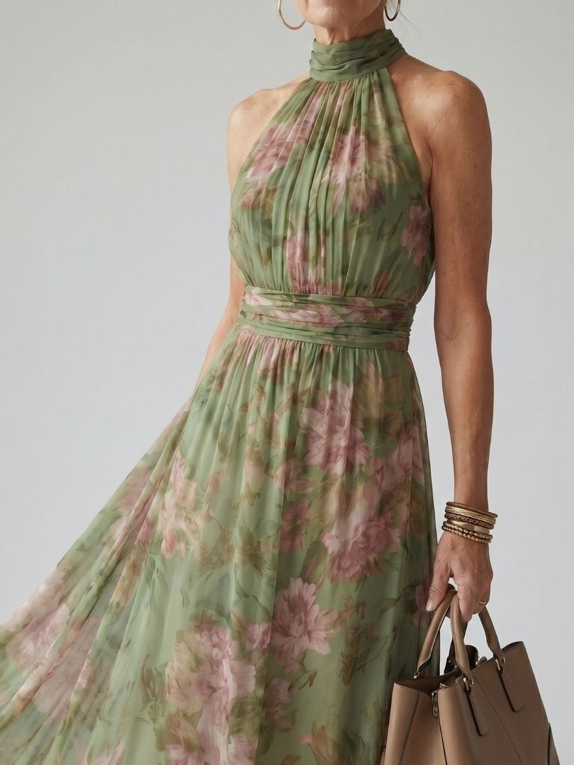 Mirelle Gathered Halter Midi Dress Bodice Detail