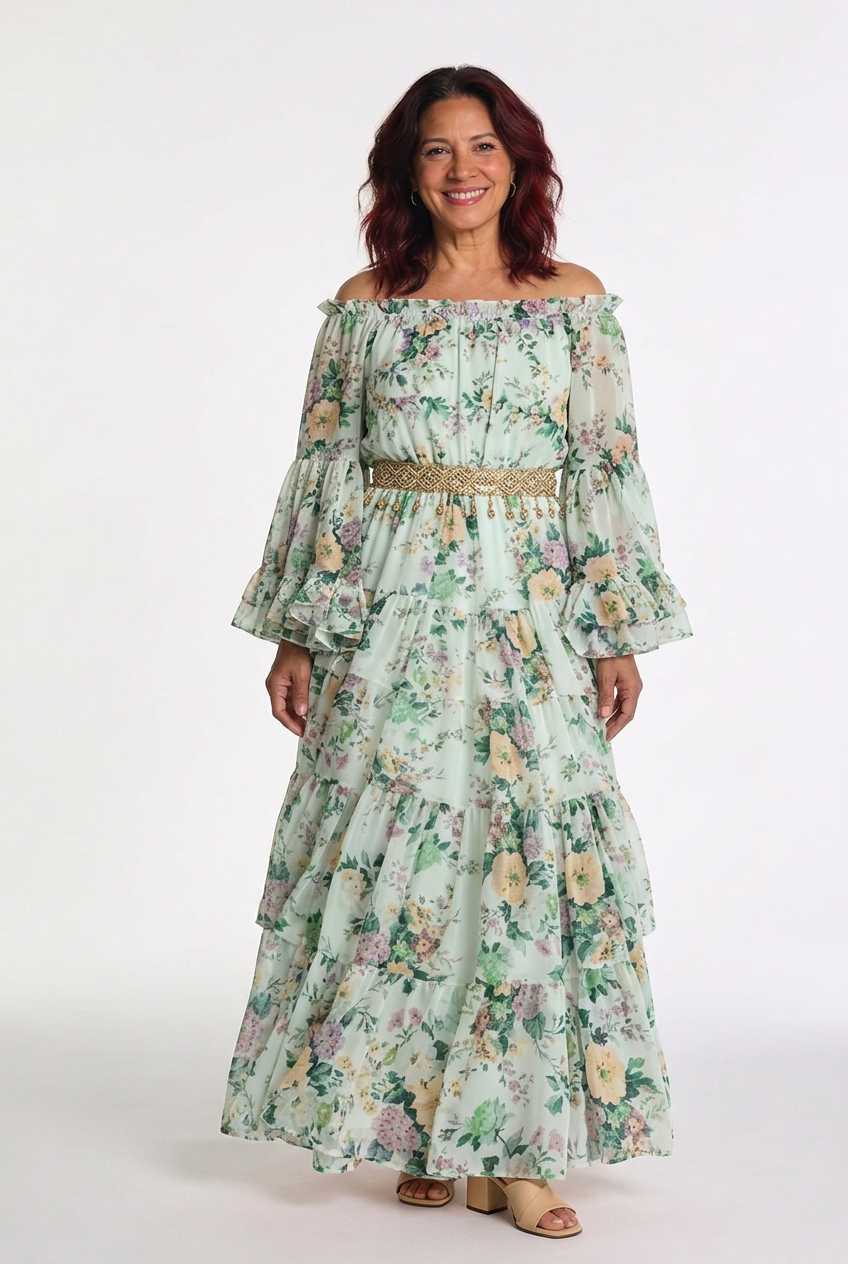 Rosalie | Women’s Bohemian Floral Print Tie-Waist Maxi Dress with Ruffle Bell Sleeves