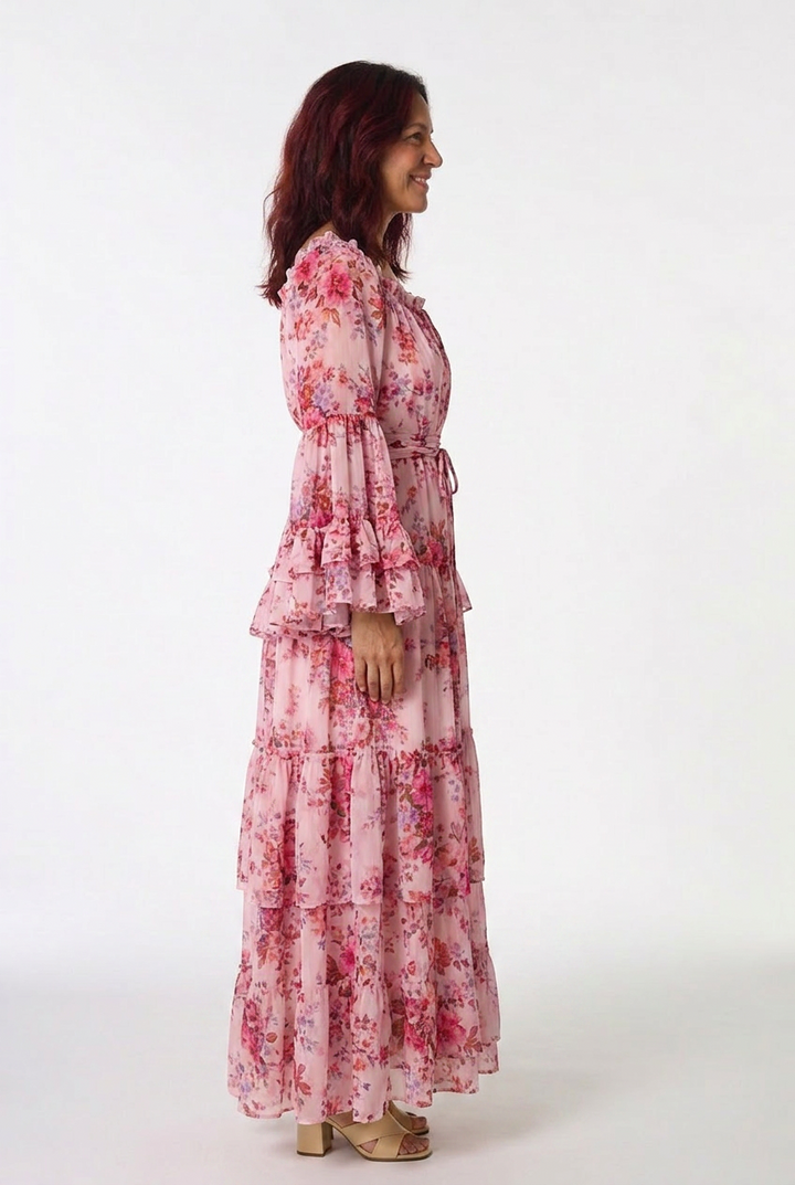 Rosalie | Women’s Bohemian Floral Print Tie-Waist Maxi Dress with Ruffle Bell Sleeves