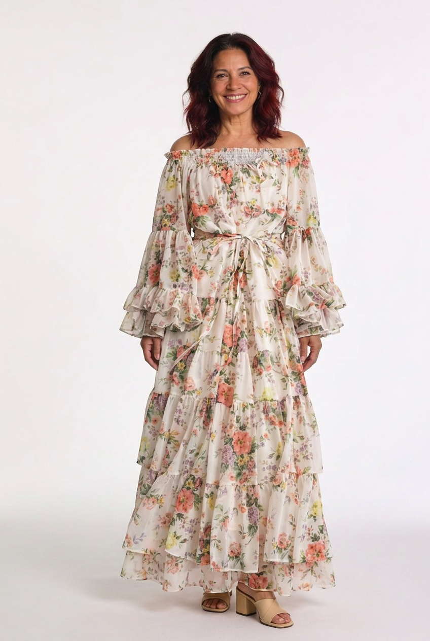 Rosalie | Women’s Bohemian Floral Print Tie-Waist Maxi Dress with Ruffle Bell Sleeves