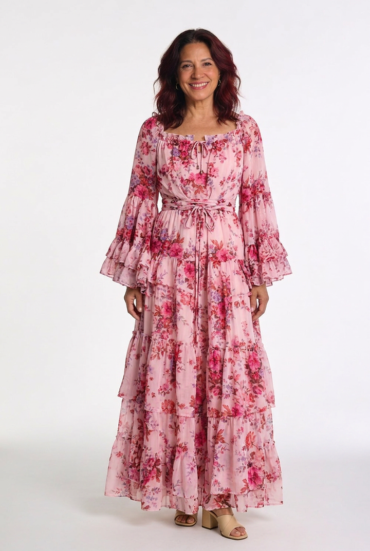 Rosalie | Women’s Bohemian Floral Print Tie-Waist Maxi Dress with Ruffle Bell Sleeves