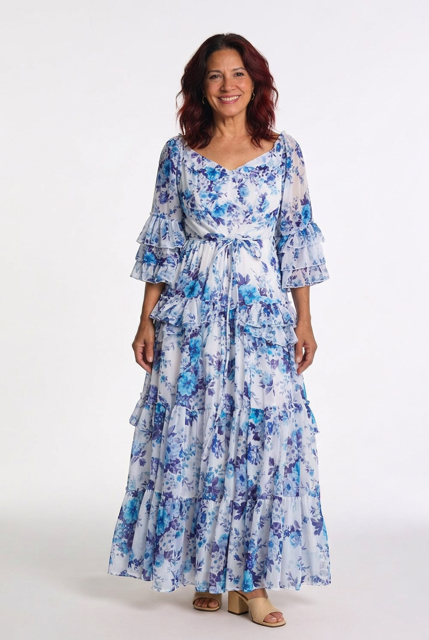 Rosalie | Women’s Bohemian Floral Print Tie-Waist Maxi Dress with Ruffle Bell Sleeves
