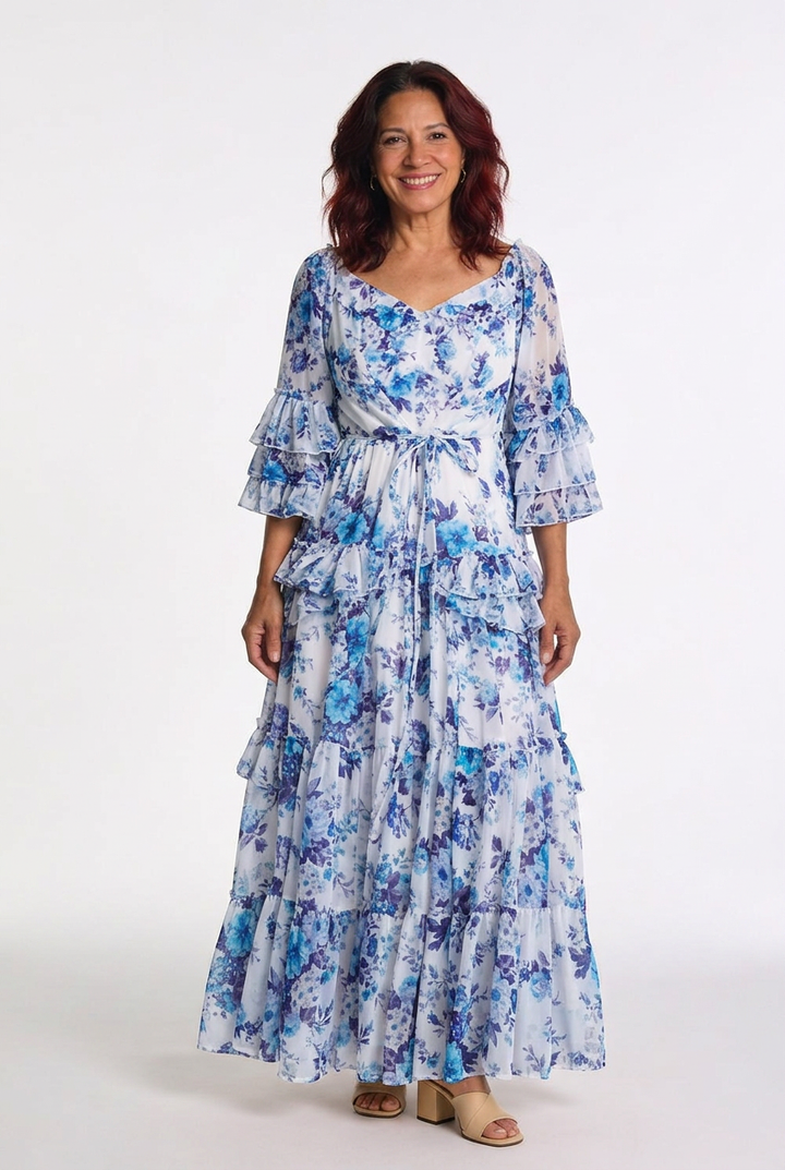 Rosalie | Women’s Bohemian Floral Print Tie-Waist Maxi Dress with Ruffle Bell Sleeves