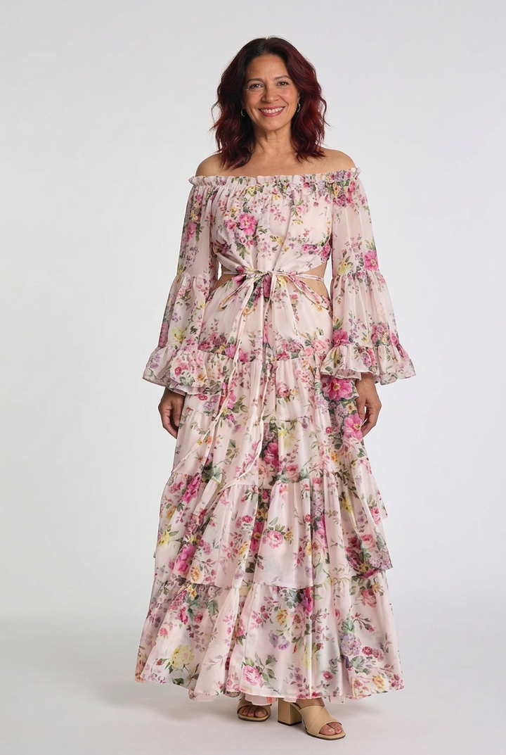 Rosalie | Women’s Bohemian Floral Print Tie-Waist Maxi Dress with Ruffle Bell Sleeves