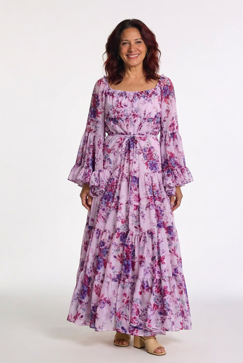 Rosalie | Women’s Bohemian Floral Print Tie-Waist Maxi Dress with Ruffle Bell Sleeves